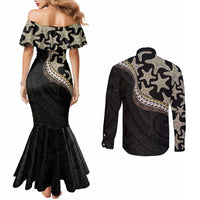 Beige Polynesian Starfish Unique Pattern Couples Matching Mermaid Dress and Long Sleeve Button Shirt LT01 - Polynesian Pride
