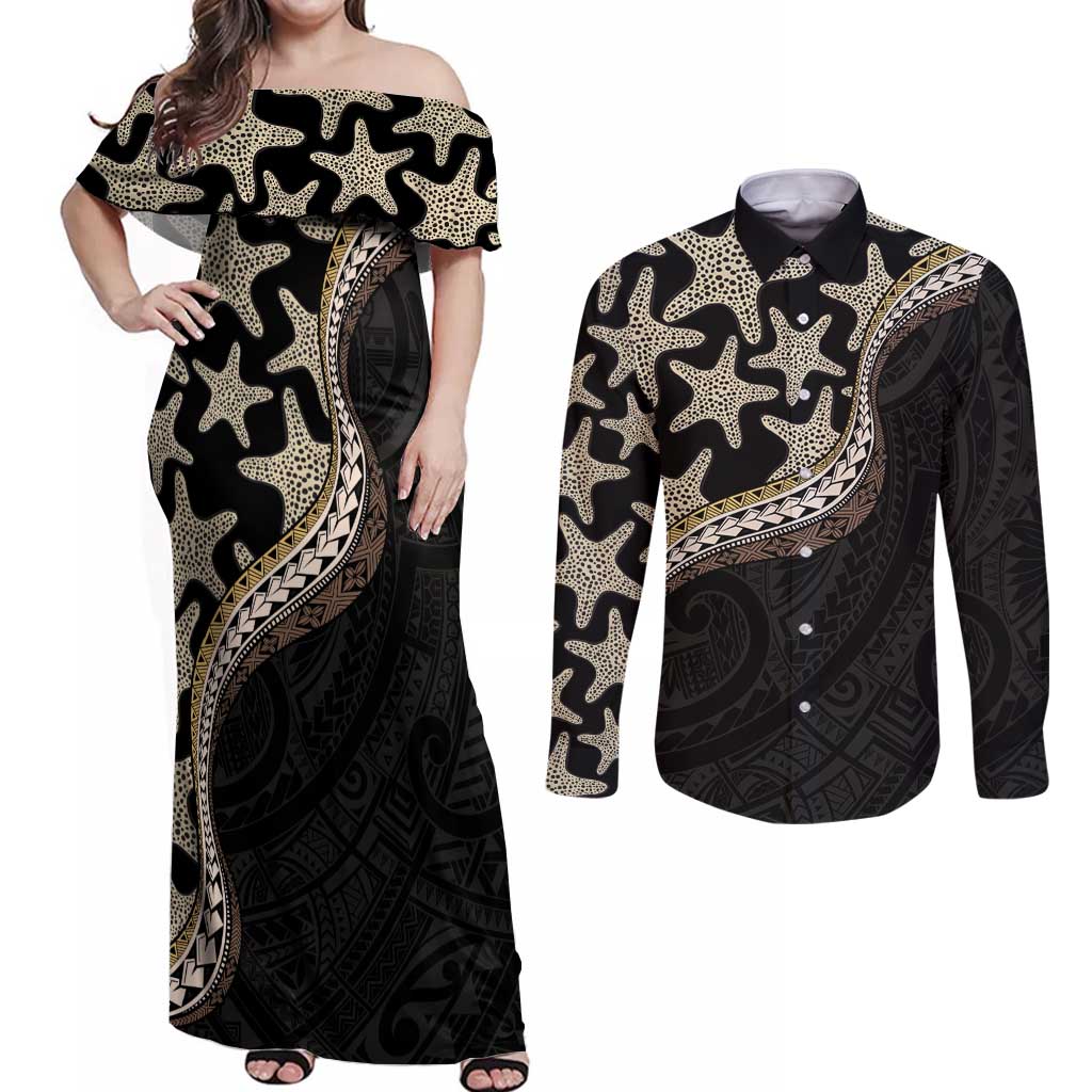 Beige Polynesian Starfish Unique Pattern Couples Matching Off Shoulder Maxi Dress and Long Sleeve Button Shirt LT01 Beige - Polynesian Pride