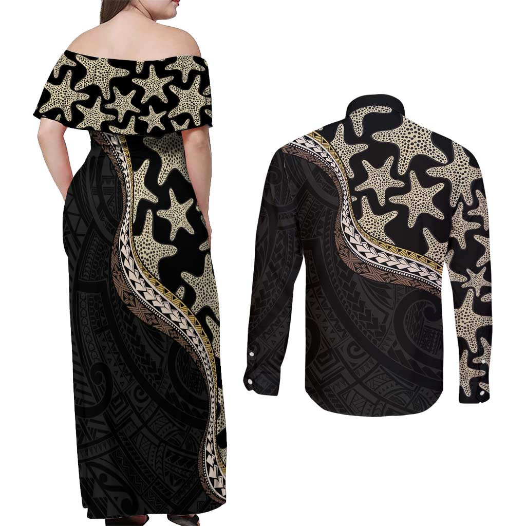 Beige Polynesian Starfish Unique Pattern Couples Matching Off Shoulder Maxi Dress and Long Sleeve Button Shirt