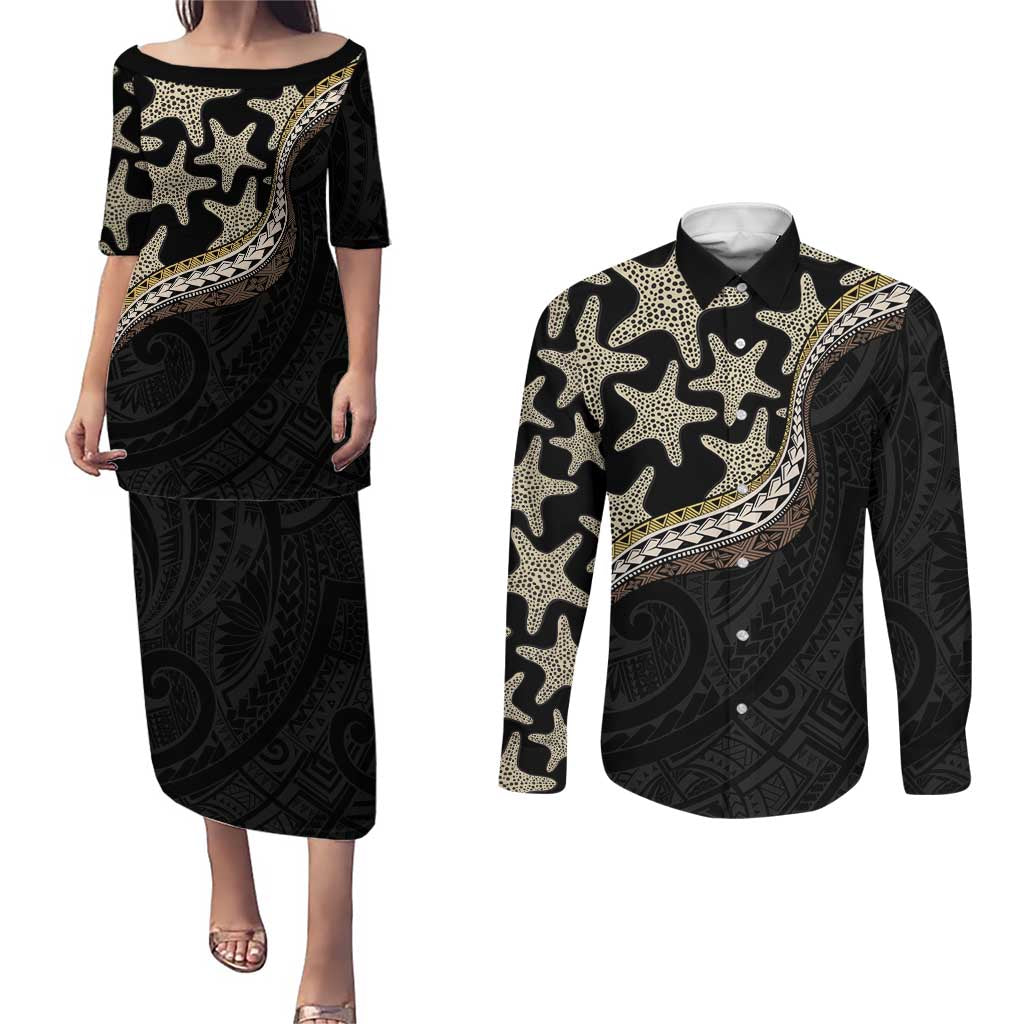Beige Polynesian Starfish Unique Pattern Couples Matching Puletasi and Long Sleeve Button Shirt LT01 Beige - Polynesian Pride