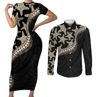 Beige Polynesian Starfish Unique Pattern Couples Matching Short Sleeve Bodycon Dress and Long Sleeve Button Shirt