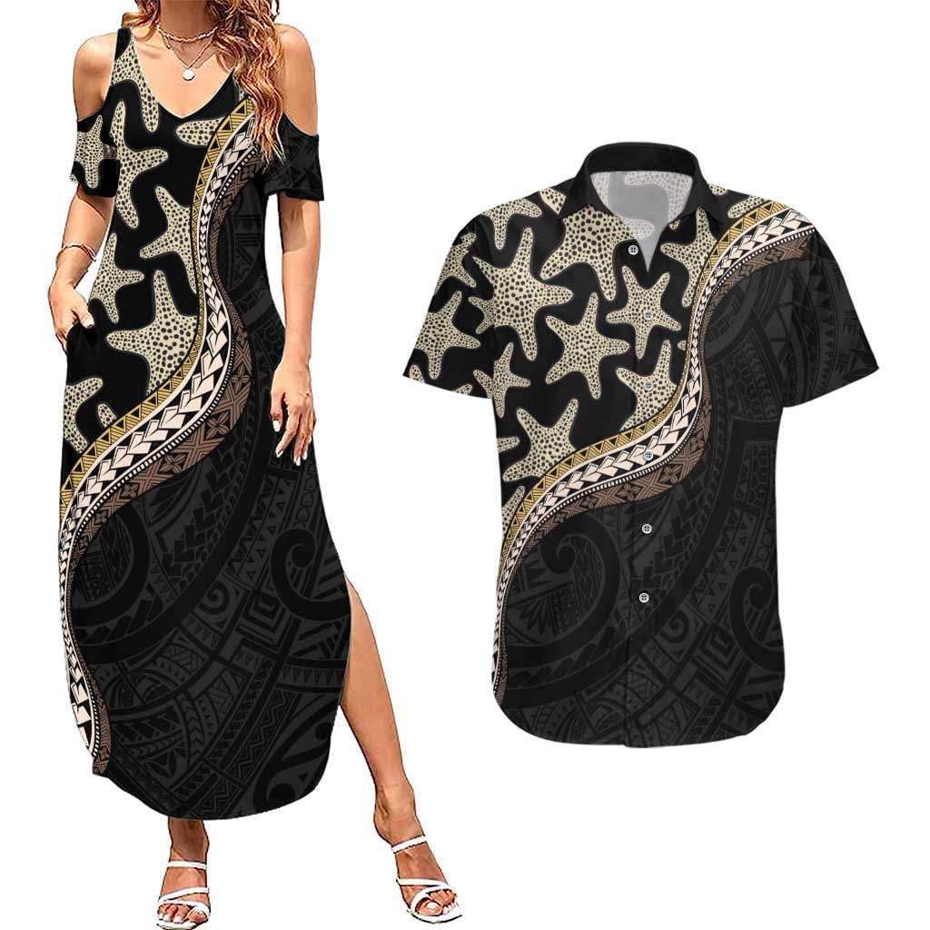 Beige Polynesian Starfish Unique Pattern Couples Matching Summer Maxi Dress and Hawaiian Shirt LT01 Beige - Polynesian Pride