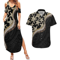 Beige Polynesian Starfish Unique Pattern Couples Matching Summer Maxi Dress and Hawaiian Shirt