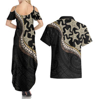 Beige Polynesian Starfish Unique Pattern Couples Matching Summer Maxi Dress and Hawaiian Shirt