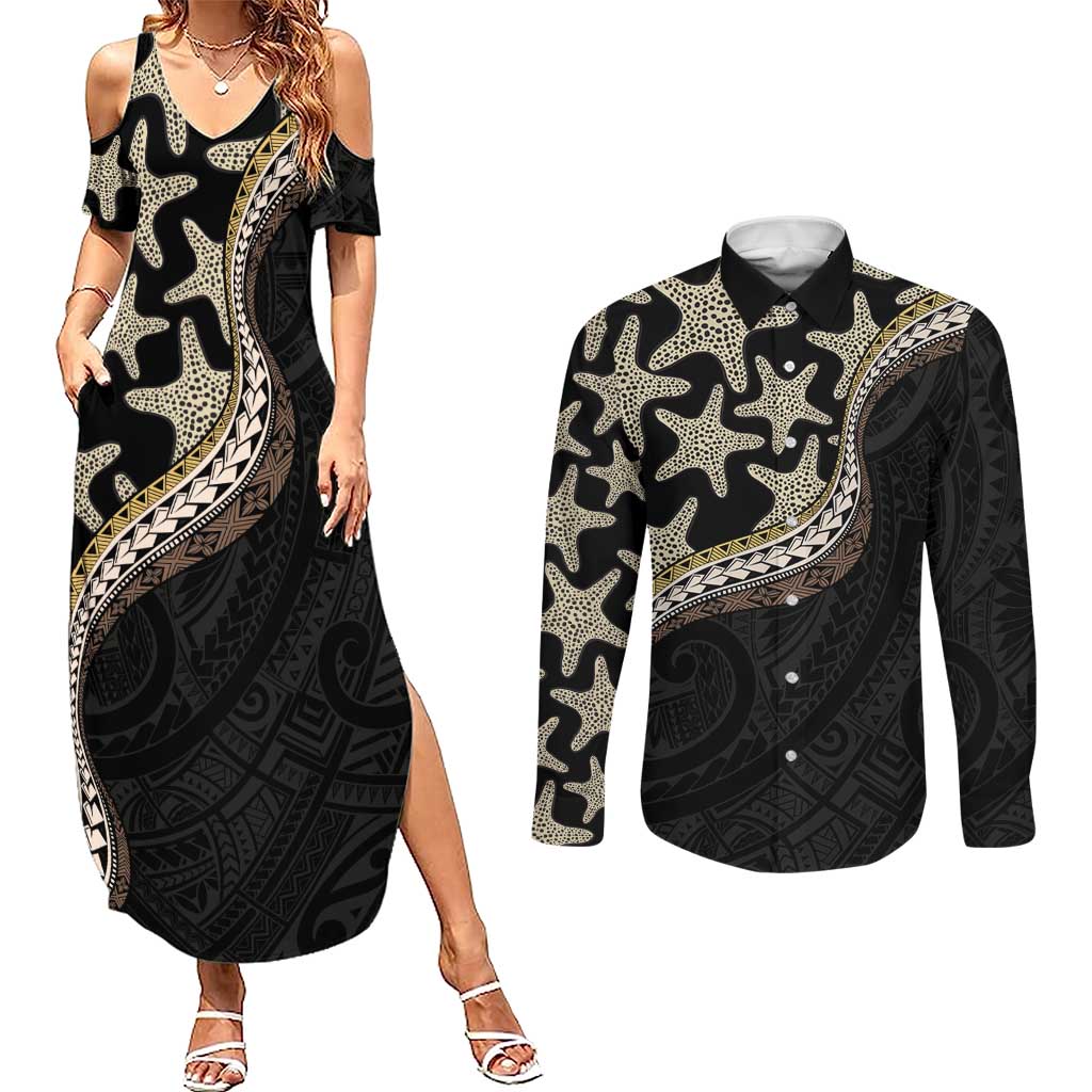 Beige Polynesian Starfish Unique Pattern Couples Matching Summer Maxi Dress and Long Sleeve Button Shirt LT01 Beige - Polynesian Pride