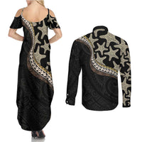Beige Polynesian Starfish Unique Pattern Couples Matching Summer Maxi Dress and Long Sleeve Button Shirt
