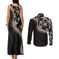 Beige Polynesian Starfish Unique Pattern Couples Matching Tank Maxi Dress and Long Sleeve Button Shirt LT01 - Polynesian Pride