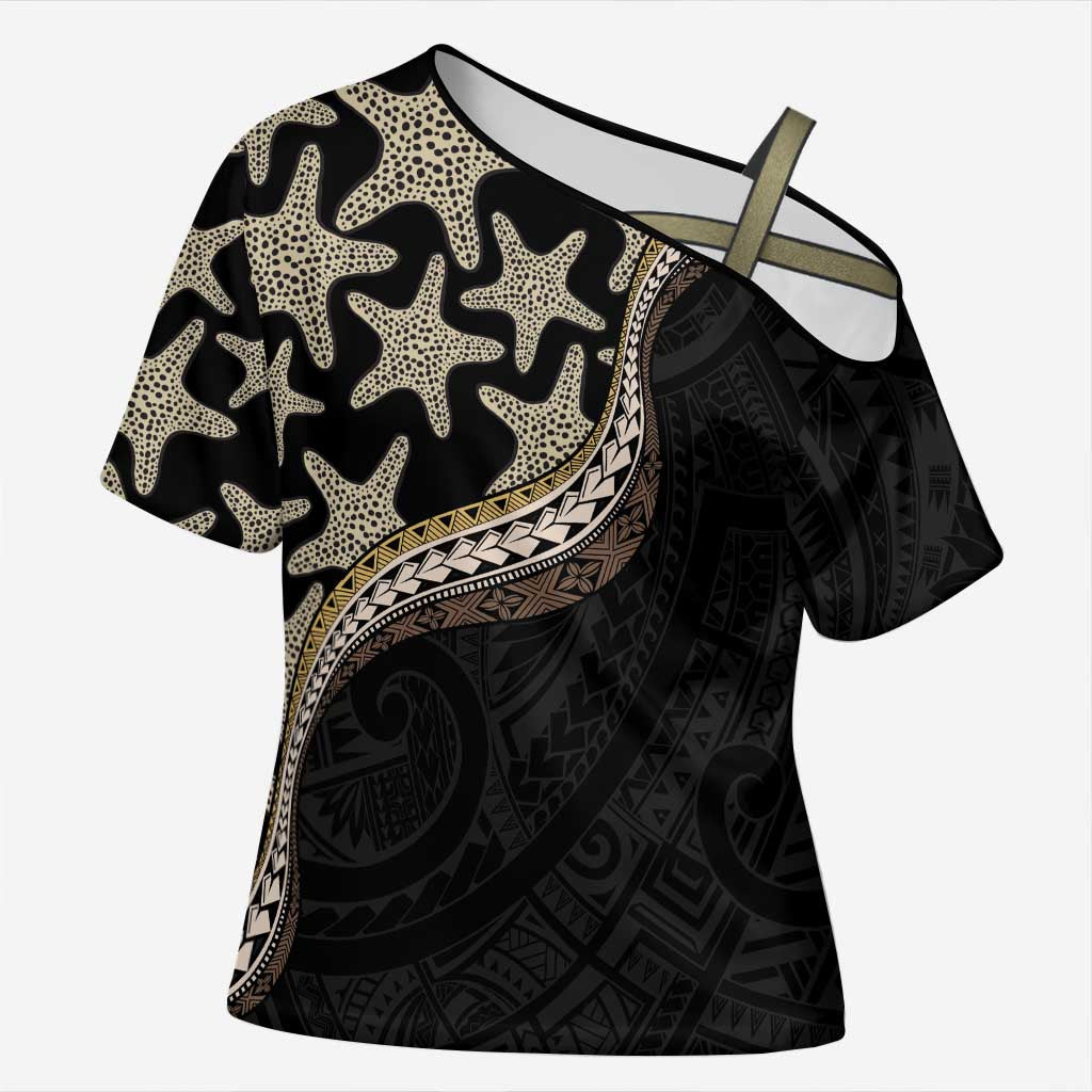 Beige Polynesian Starfish Unique Pattern Cross Shoulder Shirt