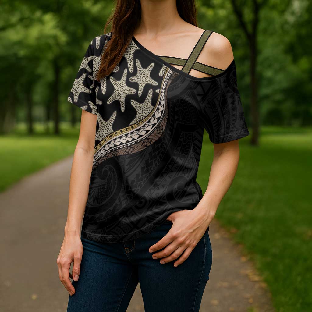 Beige Polynesian Starfish Unique Pattern Cross Shoulder Shirt