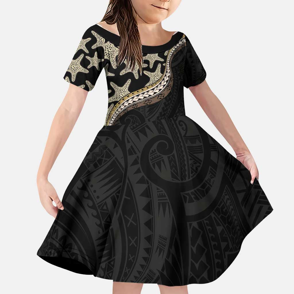 Beige Polynesian Starfish Unique Pattern Family Matching Long Sleeve Bodycon Dress and Hawaiian Shirt