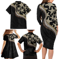 Beige Polynesian Starfish Unique Pattern Family Matching Long Sleeve Bodycon Dress and Hawaiian Shirt