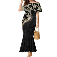 Beige Polynesian Starfish Unique Pattern Family Matching Mermaid Dress and Hawaiian Shirt