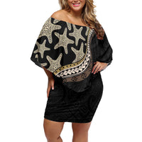 Beige Polynesian Starfish Unique Pattern Family Matching Off Shoulder Short Dress and Hawaiian Shirt
