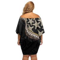 Beige Polynesian Starfish Unique Pattern Family Matching Off Shoulder Short Dress and Hawaiian Shirt