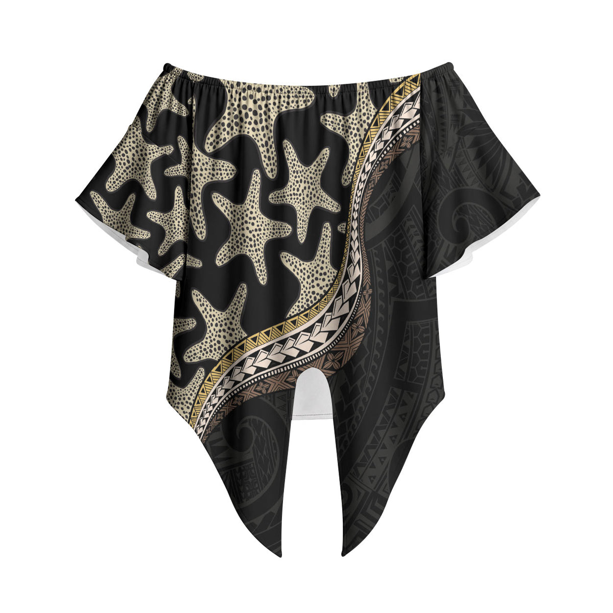 Beige Polynesian Starfish Unique Pattern Off Shoulder Wrap Waist Top LT01 Beige - Polynesian Pride