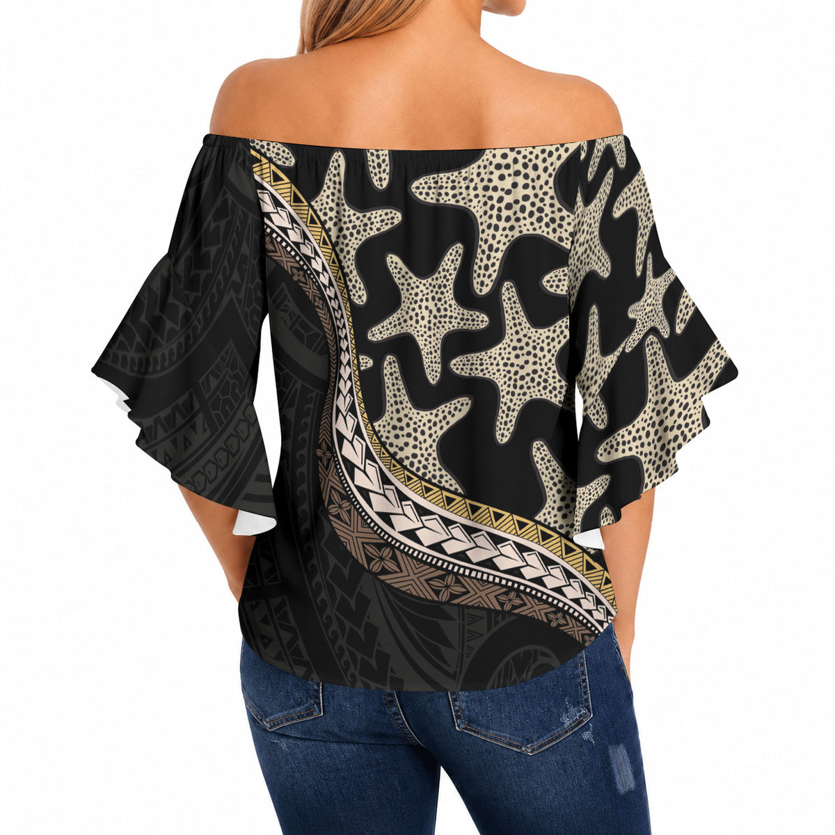 Beige Polynesian Starfish Unique Pattern Off Shoulder Wrap Waist Top LT01 - Polynesian Pride