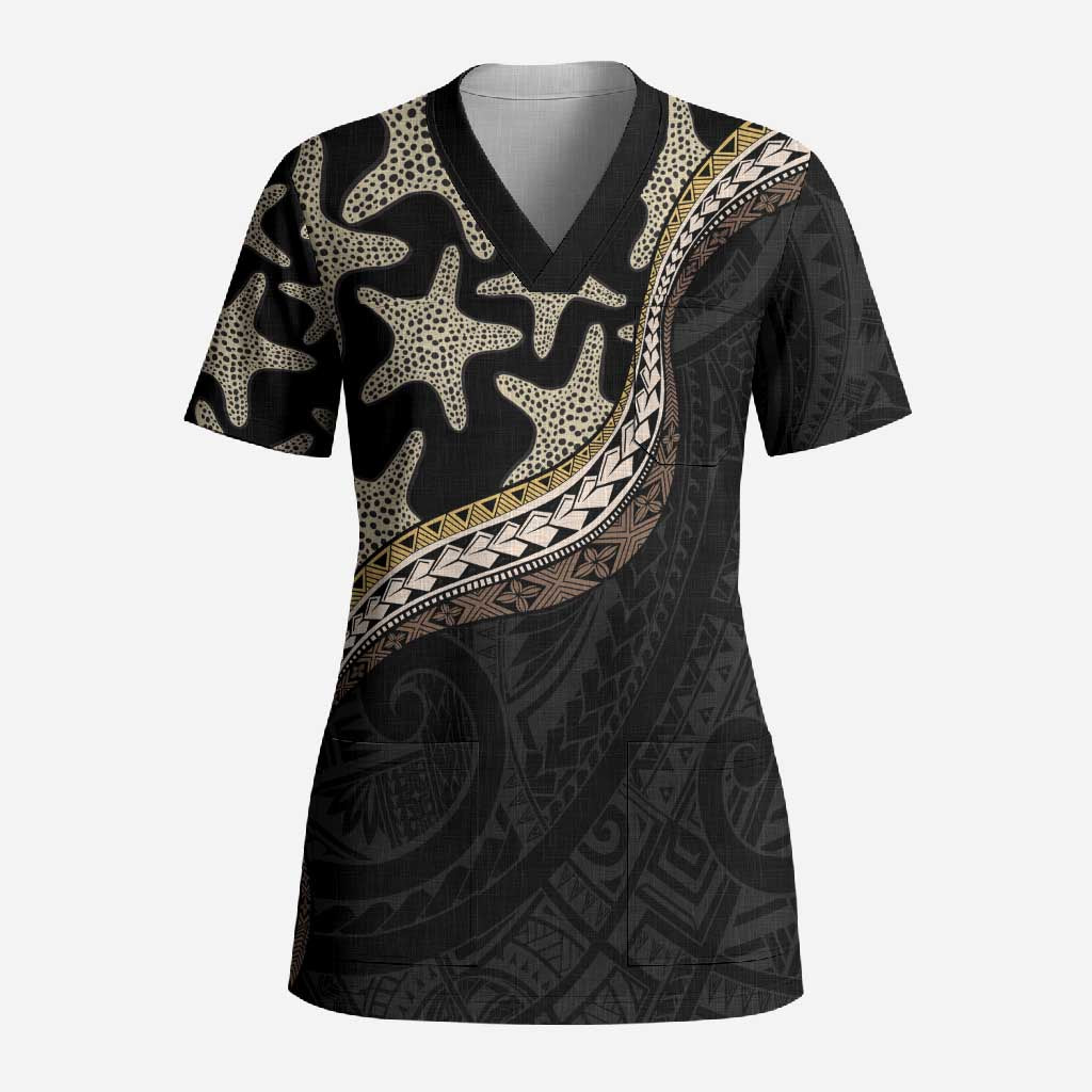 Beige Polynesian Starfish Unique Pattern Scrub Top