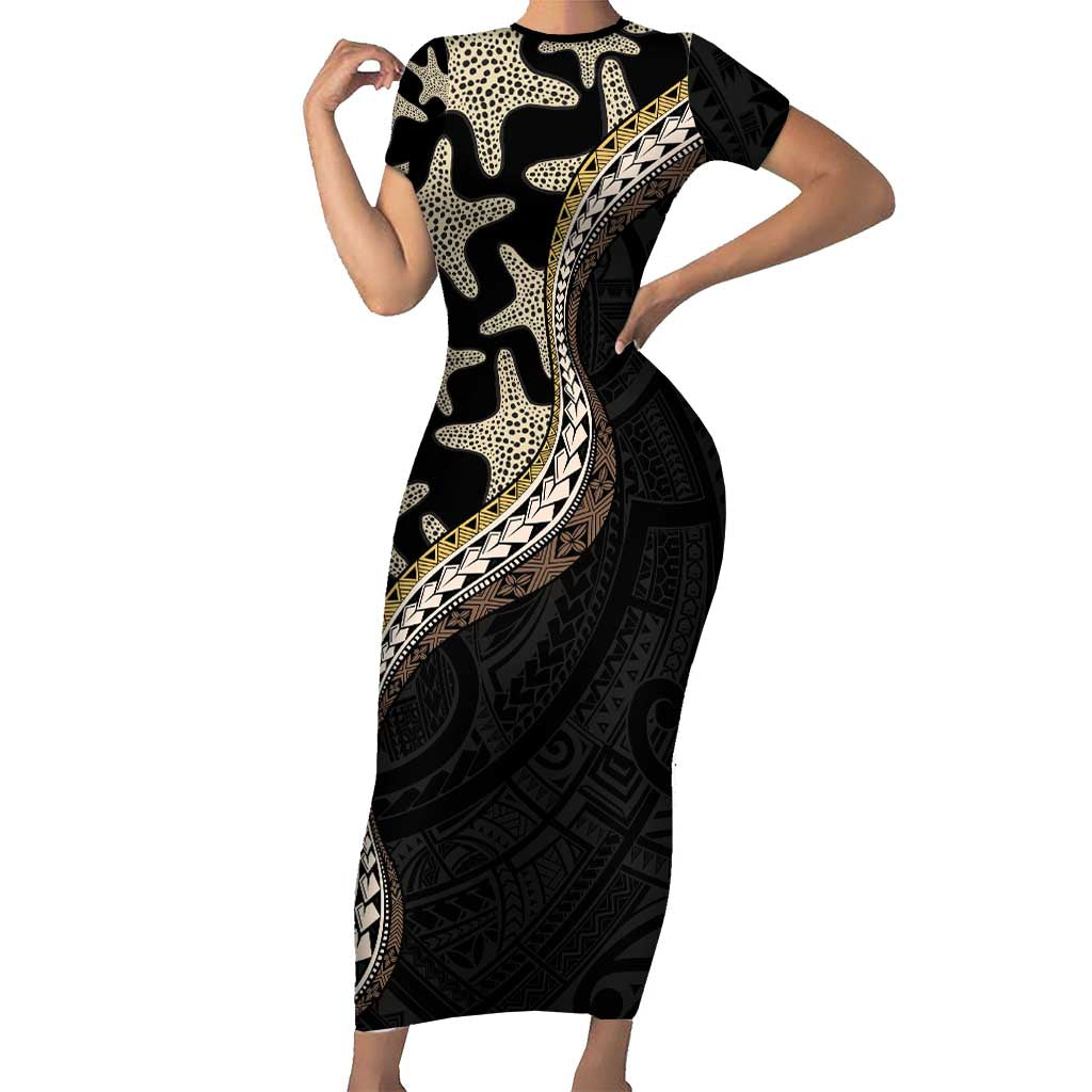 Beige Polynesian Starfish Unique Pattern Short Sleeve Bodycon Dress