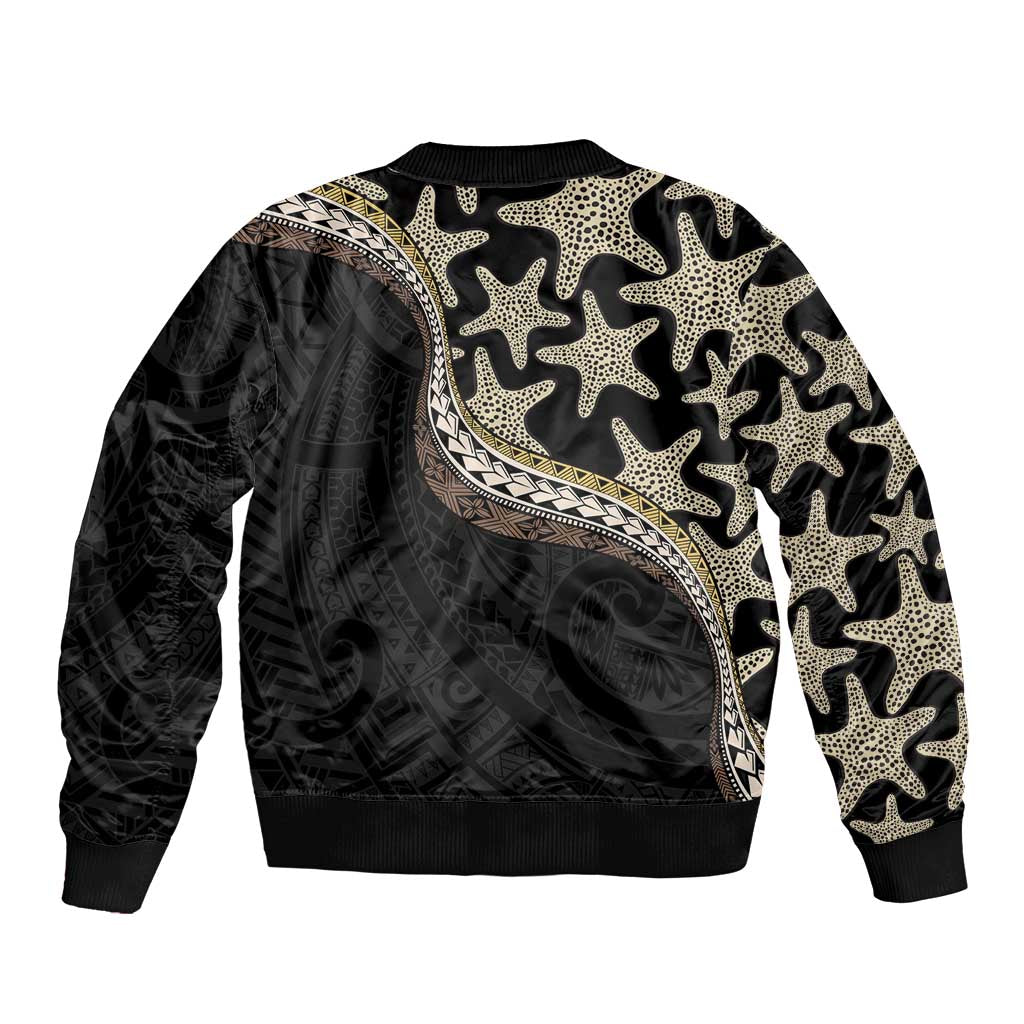 Beige Polynesian Starfish Unique Pattern Sleeve Zip Bomber Jacket