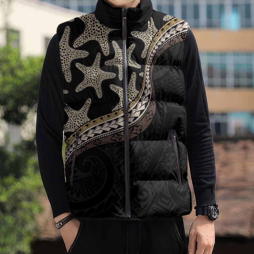 Beige Polynesian Starfish Unique Pattern Sleeveless Puffer Jacket