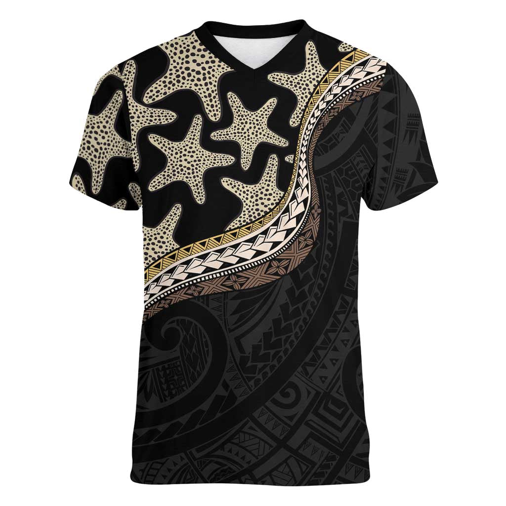 Beige Polynesian Starfish Unique Pattern Women V-Neck T-Shirt