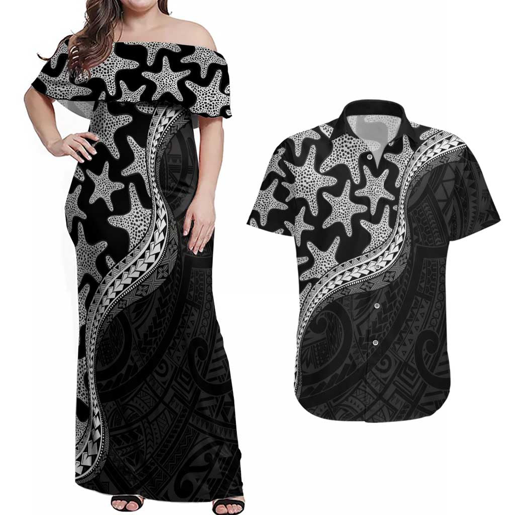 Monotone Polynesian Starfish Unique Pattern Couples Matching Off Shoulder Maxi Dress and Hawaiian Shirt