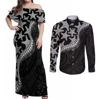 Monotone Polynesian Starfish Unique Pattern Couples Matching Off Shoulder Maxi Dress and Long Sleeve Button Shirt