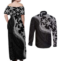 Monotone Polynesian Starfish Unique Pattern Couples Matching Off Shoulder Maxi Dress and Long Sleeve Button Shirt