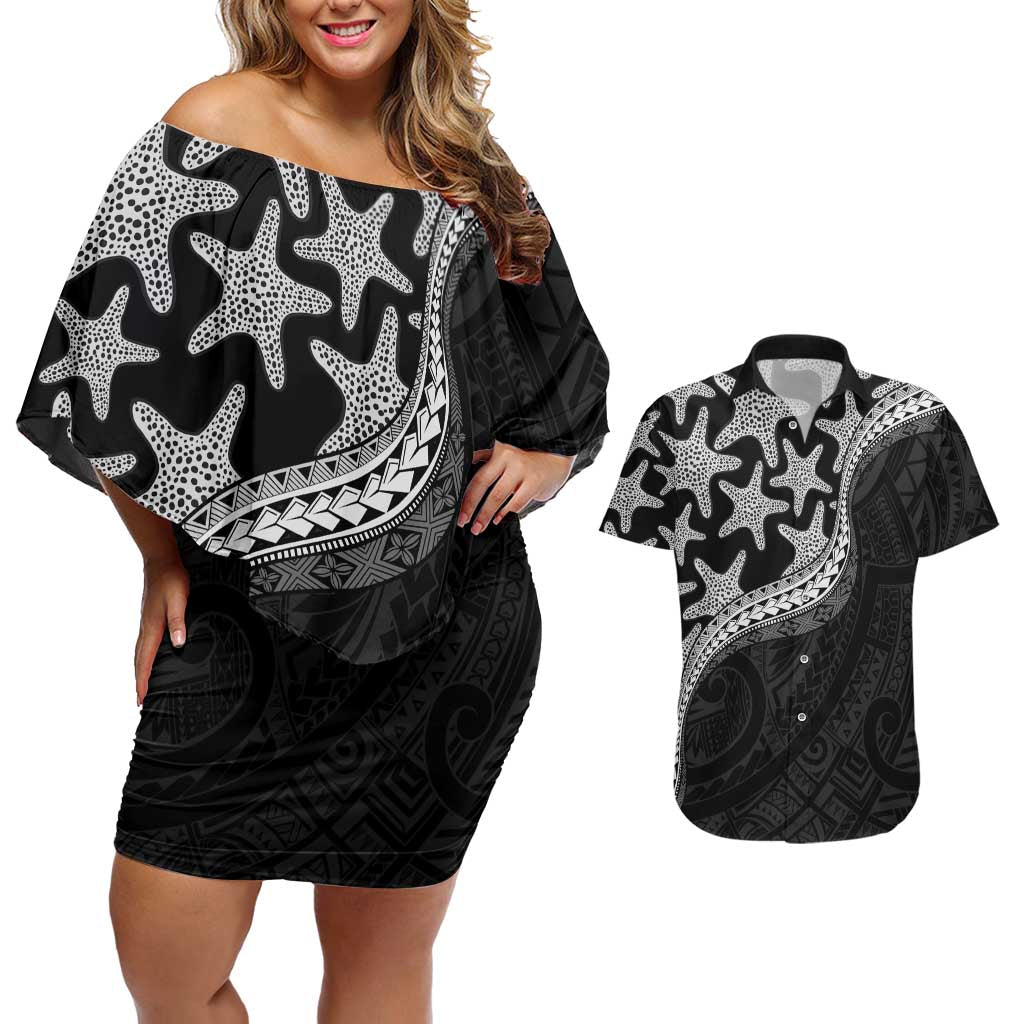 Monotone Polynesian Starfish Unique Pattern Couples Matching Off Shoulder Short Dress and Hawaiian Shirt