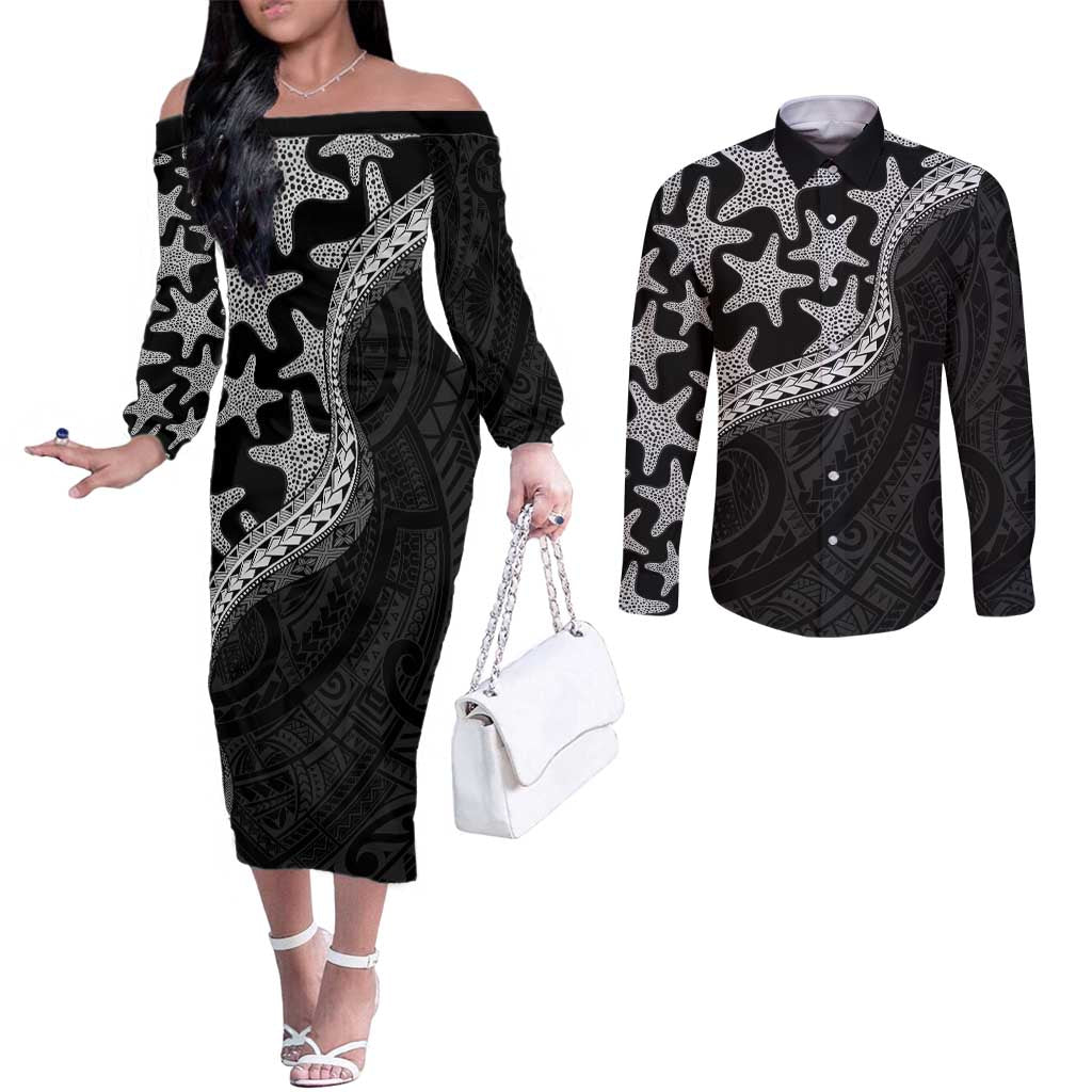 Monotone Polynesian Starfish Unique Pattern Couples Matching Off The Shoulder Long Sleeve Dress and Long Sleeve Button Shirt LT01 Black - Polynesian Pride