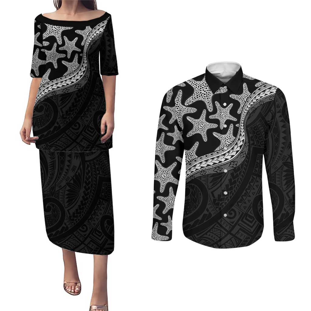 Monotone Polynesian Starfish Unique Pattern Couples Matching Puletasi and Long Sleeve Button Shirt LT01 Black - Polynesian Pride