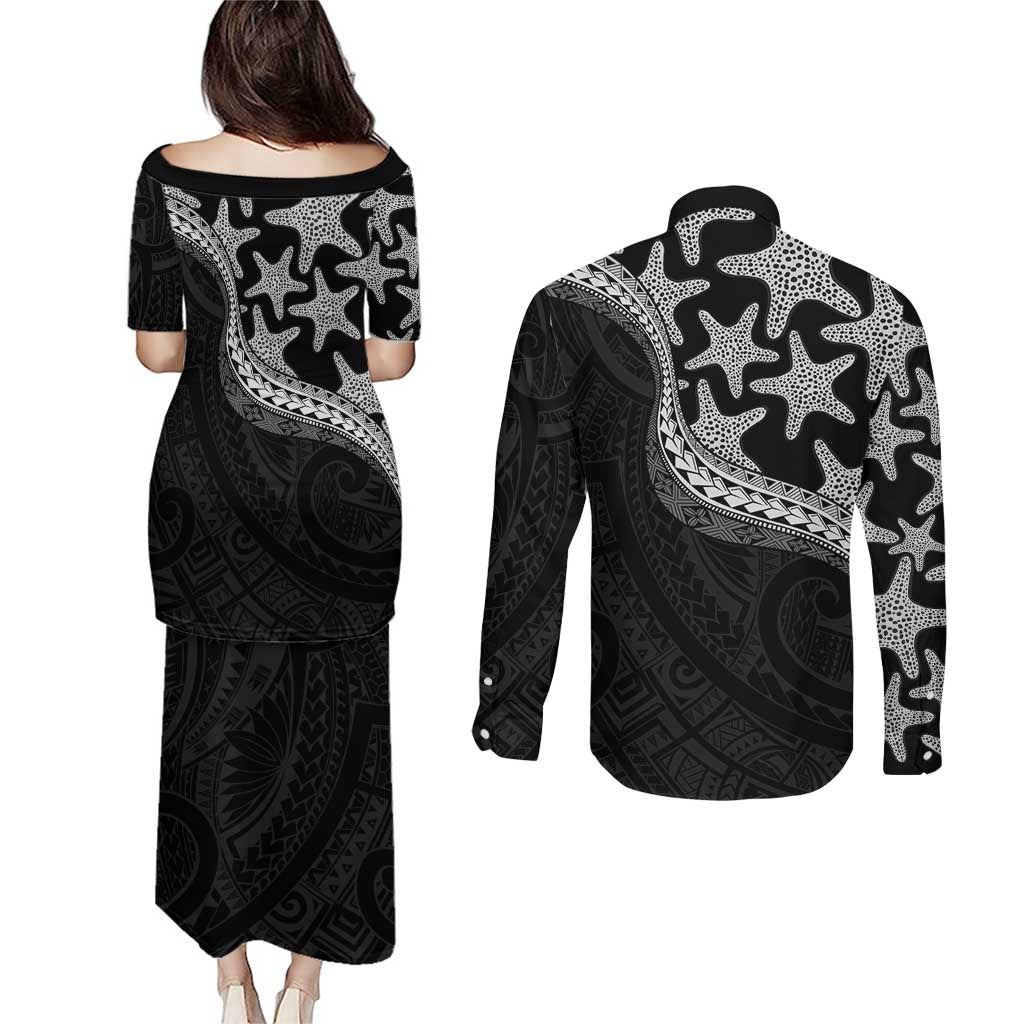 Monotone Polynesian Starfish Unique Pattern Couples Matching Puletasi and Long Sleeve Button Shirt