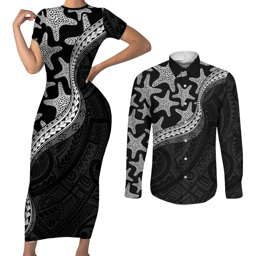 Monotone Polynesian Starfish Unique Pattern Couples Matching Short Sleeve Bodycon Dress and Long Sleeve Button Shirt
