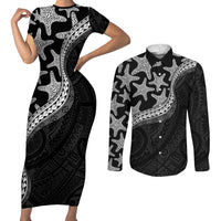 Monotone Polynesian Starfish Unique Pattern Couples Matching Short Sleeve Bodycon Dress and Long Sleeve Button Shirt