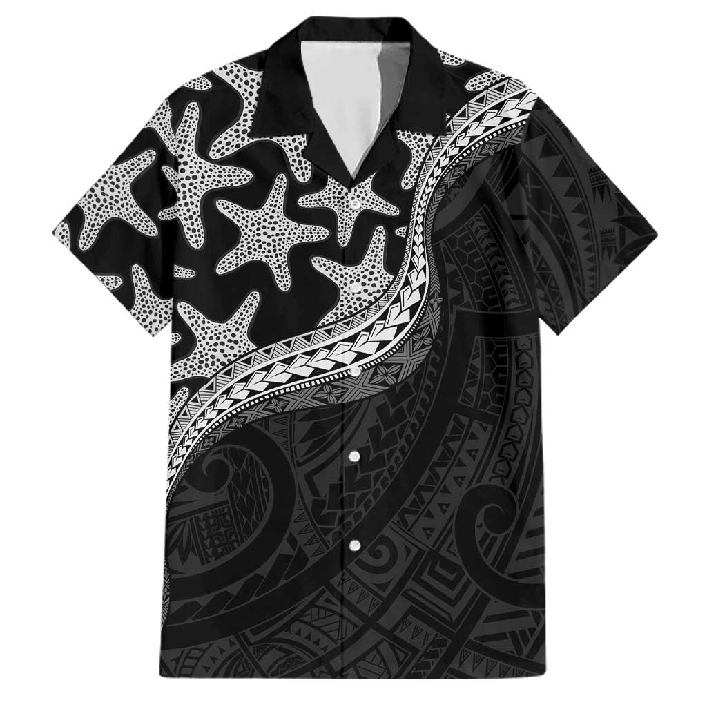 Monotone Polynesian Starfish Unique Pattern Family Matching Off Shoulder Short Dress and Hawaiian Shirt
