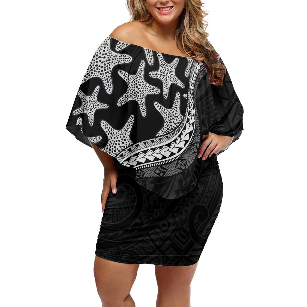 Monotone Polynesian Starfish Unique Pattern Family Matching Off Shoulder Short Dress and Hawaiian Shirt