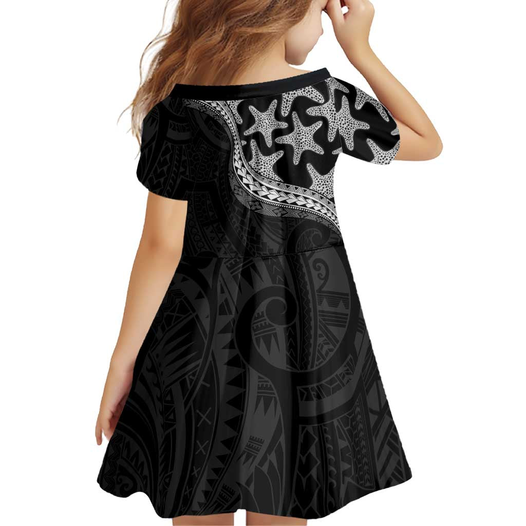 Monotone Polynesian Starfish Unique Pattern Family Matching Short Sleeve Bodycon Dress and Hawaiian Shirt