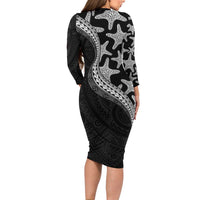 Monotone Polynesian Starfish Unique Pattern Long Sleeve Bodycon Dress