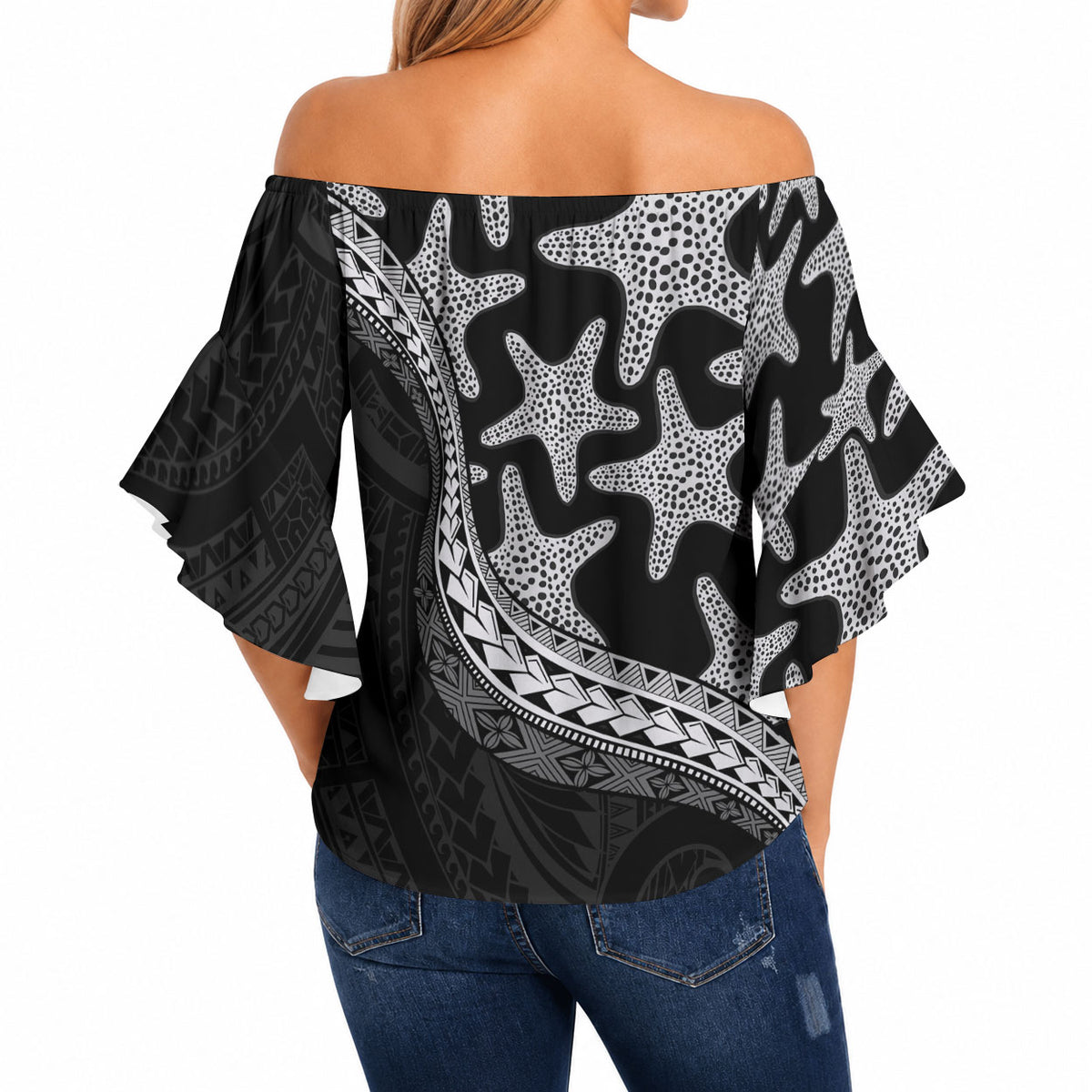 Monotone Polynesian Starfish Unique Pattern Off Shoulder Wrap Waist Top LT01 - Polynesian Pride