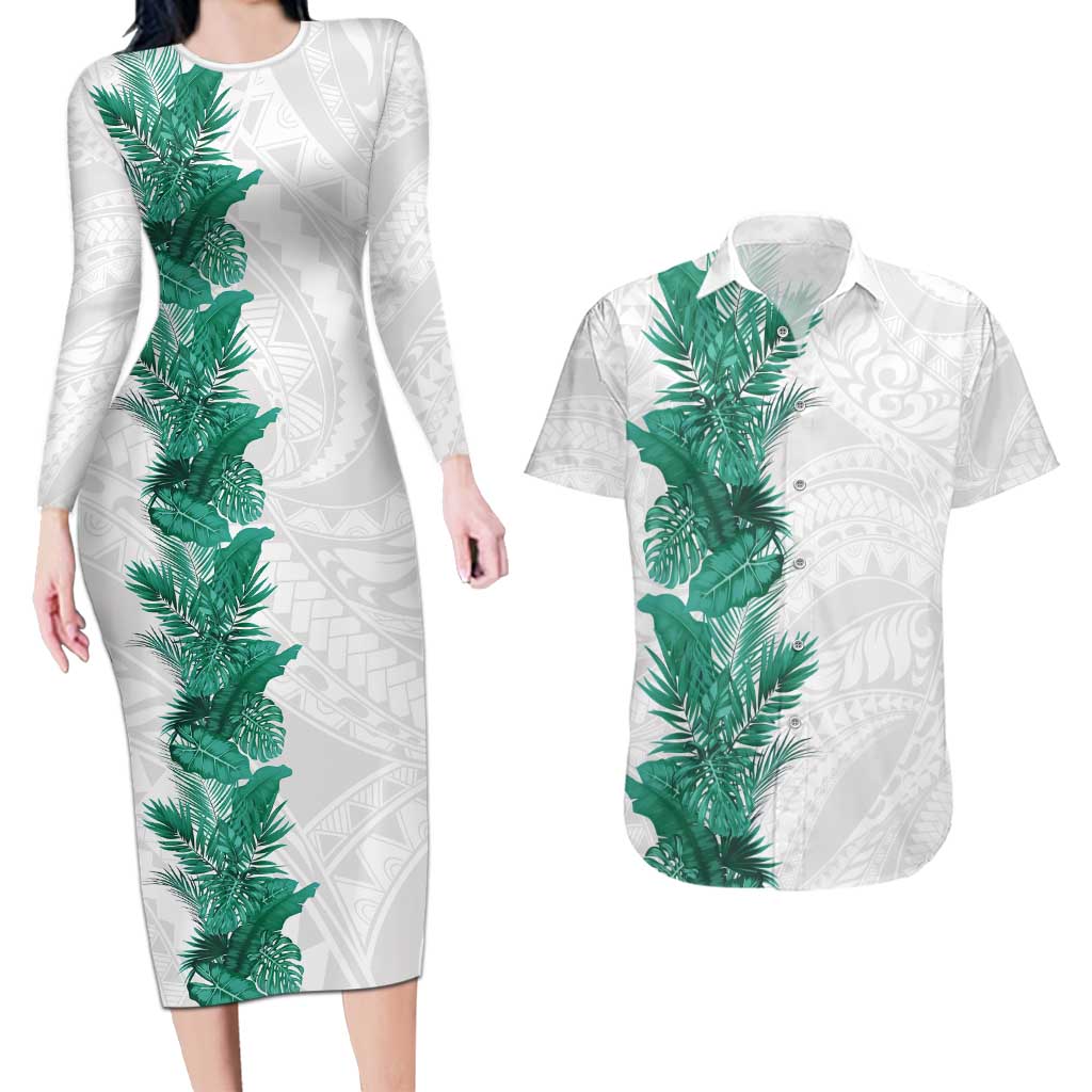 Hawaii Tropical Leaves Couples Matching Long Sleeve Bodycon Dress and Hawaiian Shirt Polynesian Pattern
