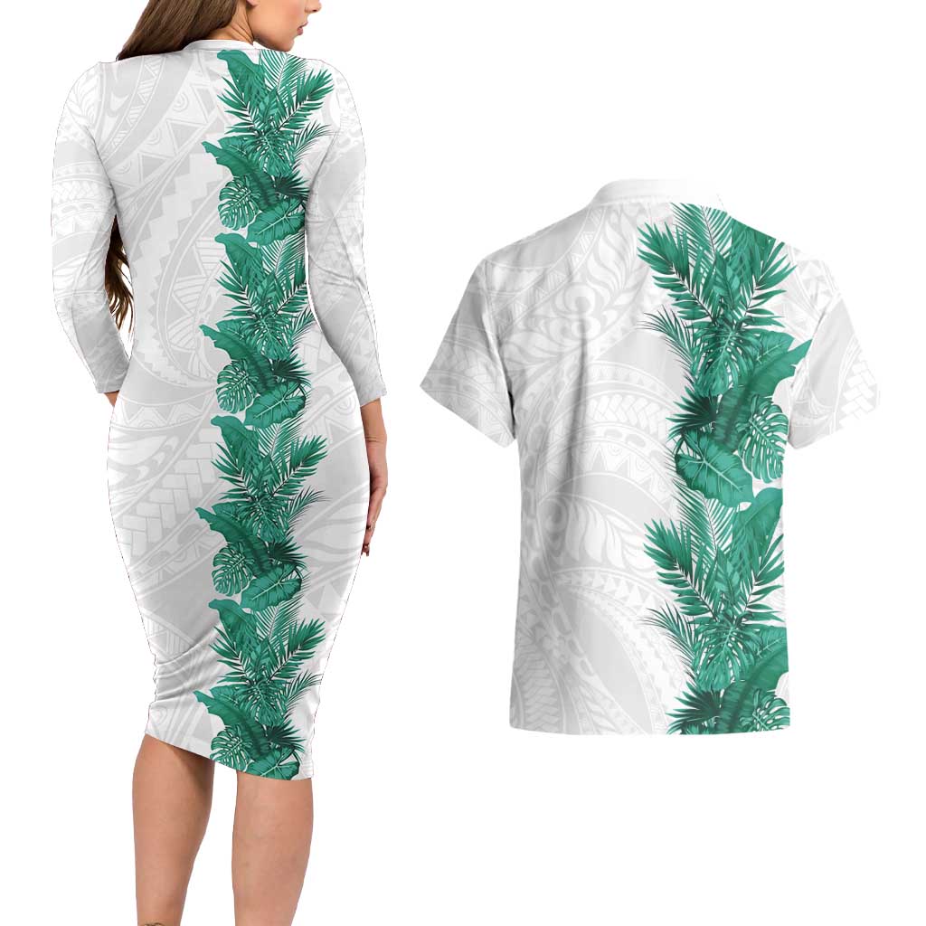 Hawaii Tropical Leaves Couples Matching Long Sleeve Bodycon Dress and Hawaiian Shirt Polynesian Pattern