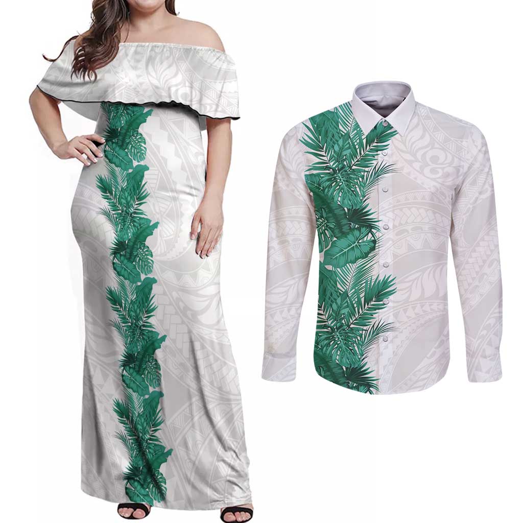 Hawaii Tropical Leaves Couples Matching Off Shoulder Maxi Dress and Long Sleeve Button Shirt Polynesian Pattern LT01 White - Polynesian Pride