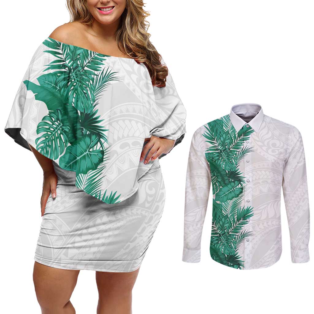 Hawaii Tropical Leaves Couples Matching Off Shoulder Short Dress and Long Sleeve Button Shirt Polynesian Pattern LT01 White - Polynesian Pride