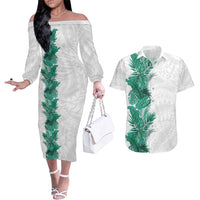Hawaii Tropical Leaves Couples Matching Off The Shoulder Long Sleeve Dress and Hawaiian Shirt Polynesian Pattern