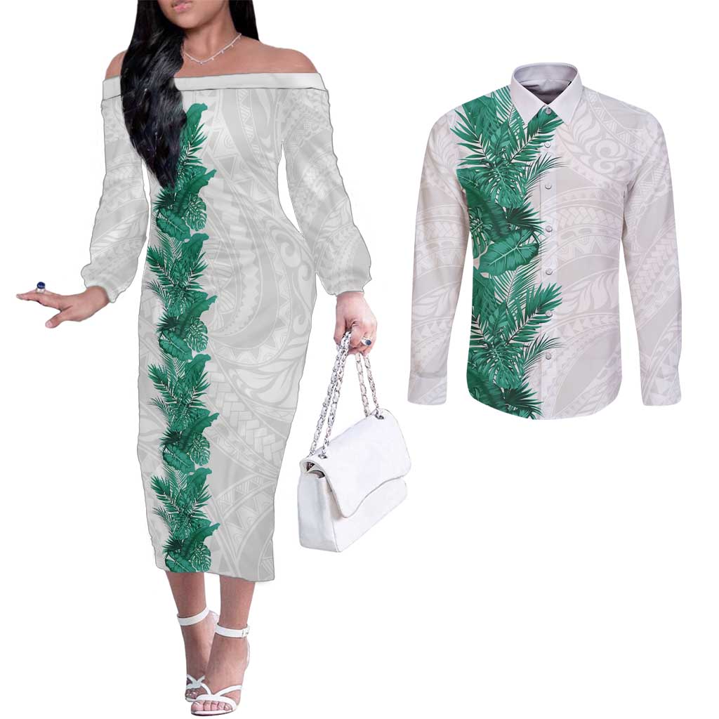 Hawaii Tropical Leaves Couples Matching Off The Shoulder Long Sleeve Dress and Long Sleeve Button Shirt Polynesian Pattern LT01 White - Polynesian Pride
