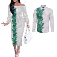 Hawaii Tropical Leaves Couples Matching Off The Shoulder Long Sleeve Dress and Long Sleeve Button Shirt Polynesian Pattern