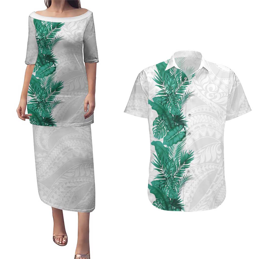Hawaii Tropical Leaves Couples Matching Puletasi and Hawaiian Shirt Polynesian Pattern