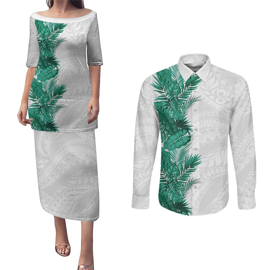 Hawaii Tropical Leaves Couples Matching Puletasi and Long Sleeve Button Shirt Polynesian Pattern LT01 White - Polynesian Pride