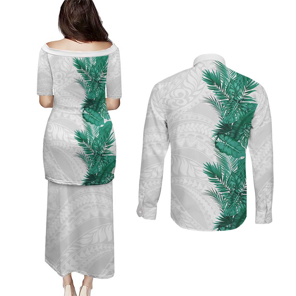 Hawaii Tropical Leaves Couples Matching Puletasi and Long Sleeve Button Shirt Polynesian Pattern