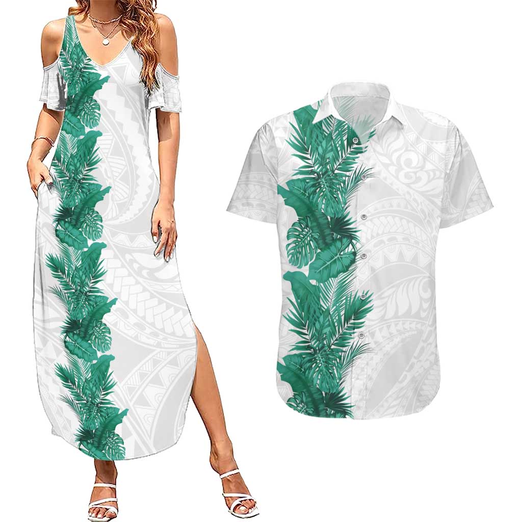 Hawaii Tropical Leaves Couples Matching Summer Maxi Dress and Hawaiian Shirt Polynesian Pattern LT01 White - Polynesian Pride